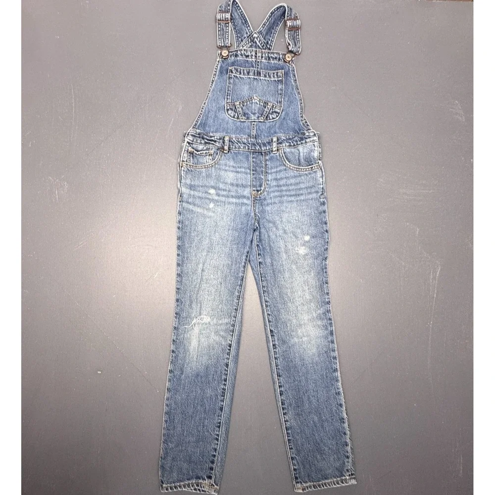 GAP Kids Girls Blue Denim Bib Overalls Distressed Straight Leg Adjustable Straps